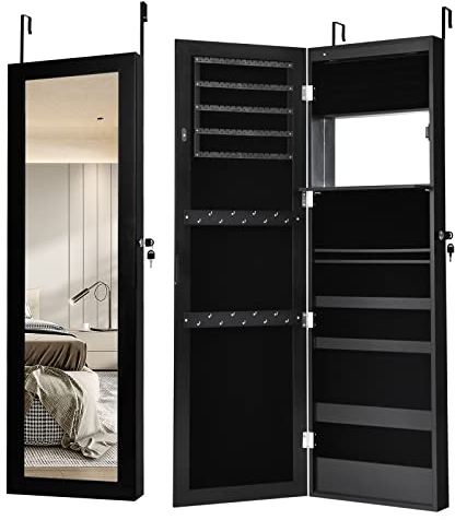 GOPLUS Schmuckschrank mit Spiegel, Spiegelschrank hängend mit LED-Beleuchtung, Wandschrank mit Innenspiegel & klappbarer Ablage, Wandmontage & Türmontage (Schwarz)