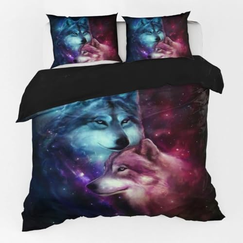 Zomer - Wolf Bettwäsche 155x220 cm Galaxis Microfaser Bedruckte Bettwäsche-Sets 3 teilig - 1 Flauschige Bettbezug und 2 Kissenbezug 80x80 cm