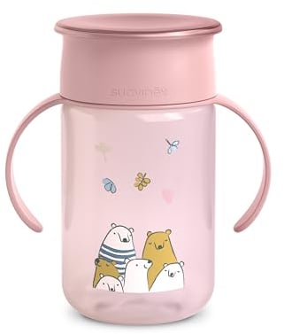 Suavinex, Tasse Apprentissage avec Disque Anti-Goutte, Gobelet Bébé, Magic Cup, Rebord Antifuite 360°, avec Poignées, avec Couvercle Hygiénique, Verre Enfant +12 Mois, 340 ml, Bears Rose