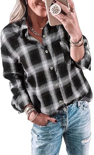 Imily Bela Chemisier à carreaux pour femme - Chemisier long décontracté à manches longues - Chemise en flanelle - Chemise à carreaux - Boutons - Manches longues, noir/blanc, L