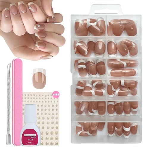 MrCuvaryas 120 Stück Falsche Nägel Tips Set - Französisch Falsche Nägel Zum Aufkleben - Künstliche Nägel Kurz Nail Art Manicure Fake Nails für Damen und Frauen (Kaffee French, 120pcs)