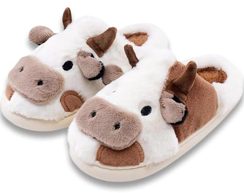 TOPALL Hausschuhe Damen Püsch Winter,Warme Damen-hausschuhe,Kuschelig Pantoffeln Damen Winter,Puschen Schlappen Damen Flauschig Rutschfeste für Damen/Herren/Unisex(Püsch Kuh Khaki,38/39 EU)