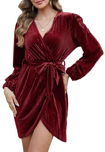 Joligiao Women's Long Sleeve Wrap V Neck Mini Dress Semi Formal Velvet Dress Waist Tie Ruffle Dresses Ladies Sexy Elegant Cocktail Party Winter Club Dress(Wine Red,M)