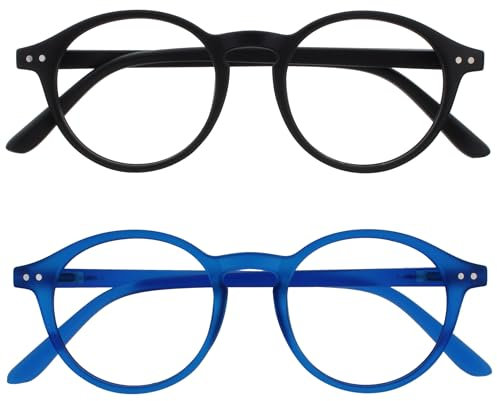 OPULIZE REY Lunettes de Lecture - Lot de 2 - Montures Rondes Rétro - Noir Mat, Bleu - Hommes Femmes - Charnières à Ressort - RR56-13 - +2.50