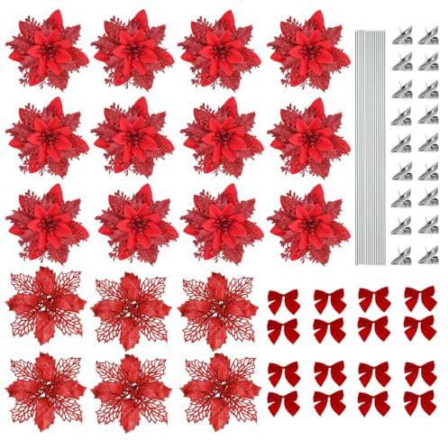 MHMondawn 18 Stücke 16CM Künstliche Blumen Weihnachten Poinsettia Glitzer mit Clips Stämme Weihnachten Baum Ornamente für Kranz Party Hochzeit Neujahr Dekoration weihnachtsdeko Blumen (Rot)