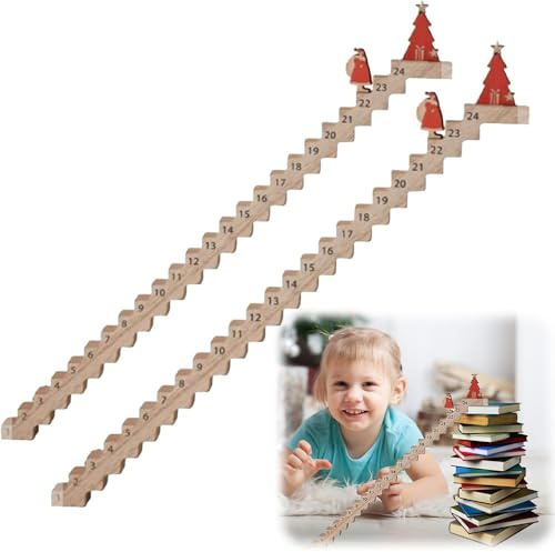Holztreppen-Adventskalender 2024, Weihnachtsmann-Schild, Reise-Weihnachts-Countdown-Kalender, Countdown-Kalender, hölzerner Weihnachtsmann, Klettertreppe, Tischschild für Heimbüro (2 Stück)