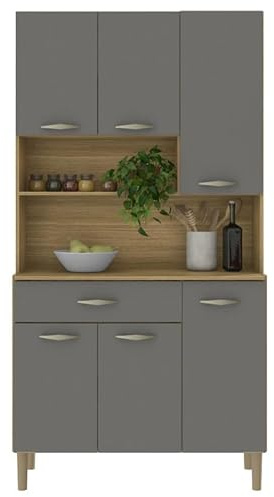 ACTUAL DIFFUSION Buffet de Cuisine 6 Portes 1 Tiroir Chêne et Gris 7 Niches L 90.9 H 173.5 P 36.3 cm