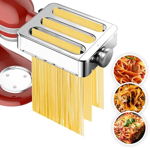 3-in-1 Pasta Maker Attachment Set for KitchenAid Stand Mixers: Includes Pasta Sheet Roller, Spaghetti Cutter, Fettuccine Cutter, and Cleaning Brush