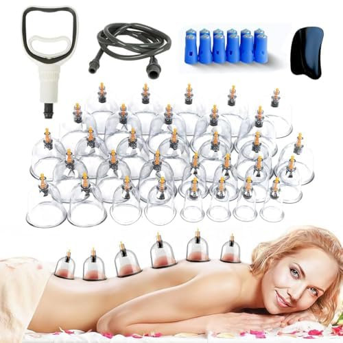 Lot de 32 ventouses en verre avec pompe à vide, en matériau PS et kit de massage avec grattoir pour fascias, points d'acupression, aimants pour bras, jambes, dos, épaules (32 tasses)