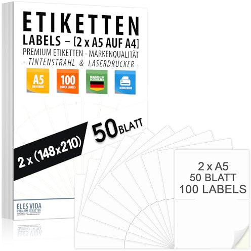 50 Blatt Selbstklebende DIN A5 Etiketten auf A4 - (100 Labels) - (2 pro A4 Bogen) 210 x 148 mm, bedruckbar, matte weiße Oberfläche, für Inkjet- und Laserdrucker, Für viele Bereiche - MADE IN GERMANY