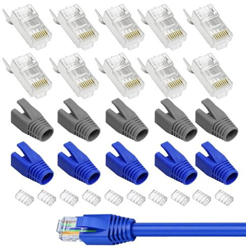 Knocery Connecteur RJ45 Cat7 Métalliques Blindés Prise Modulaire, RJ45 Câble Connecteur, Trou de Fil 1.3/1.5mm-Bleu-Noir, pour l'installation du Câble Ethernet, avec Fils et Capuchons