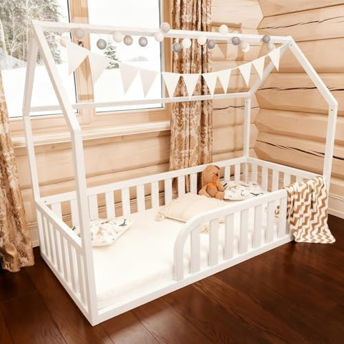 Mandrele Bodenbett 120x200 für Kinder, Montessori Hausbett aus FSC-Kiefernholz Weiß, Kinderbett mit Lattenrost und 41 cm Rausfallschutz, Einstieg Links