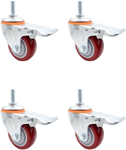 ZMTGLTG 3 Zoll Polyurethan-Leiserolle mit Bremse, Universalrad M10/M12/M16, Starke Tragkraft, geeignet for Trolleys (4er-Pack)(M16)