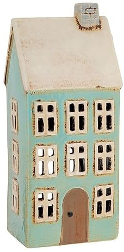 Lichthaus | Teelichthaus | Lichterhaus | Teelichthalter | Kerzenhalter | Keramik (Türkis/Beige 24x10 cm)