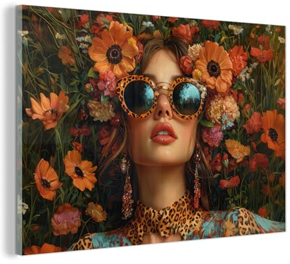 MuchoWow© Wandbilder Glas Schlafzimmer Home Deko Wohnung Bild Wohnzimmer | 120x80 cm - Wand Glasbilder Leinwand Wall Decor Frauen - Blumen - Modern - Brille - Abstrakt