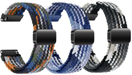SUGARJAR 3 Stück Geflochtenes Armband Kompatibel mit Garmin/Huawei/Samsung/Amazfit/Fossil,18/20/22mm Nylon Uhrenarmband für IDW/Fitpolo/RUIMEN/Jugeman/Blackview/aeac Ersatzarmband