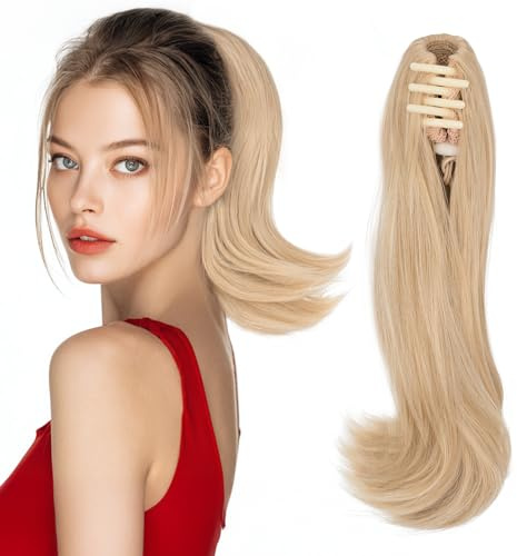 Silk-co 12 Postiche Queue de Cheval Avec Mini Pince Extension Cheveux Faux Synthetique Claw On Ponytail Extension Longue Raide à Ondulé Épais de Clip Synthétique Blond Clair