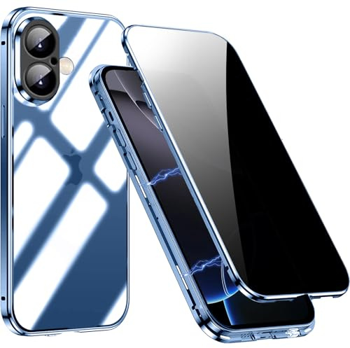 for iPhone 16 Privacy Case,Magnetic Adsorption Cover,Metal Bumper,Anti-Peepining Tempered Glass Screen Protector,iPhone 16 Shockproof Full Body Case,Blue