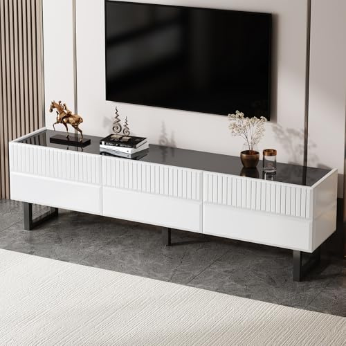 Meuble TV Bas Laqué Brillant, Meuble TV Moderne avec Trois Tiroirs, Table de Télévision pour Salon, Chambre à Coucher et Couloir, Design Classique Noir et Blanc, Meubles de Salon