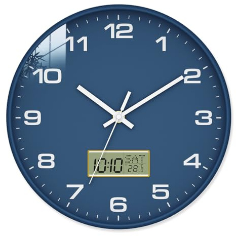 12 Inch Wall Clock, Silent Non-Ticking Analog with LCD Display, Battery Operated, Perpetual Calendar, Date, Weekday & Temperature (°C/°F), Tempered Glass for Living Room, Bedroom, Kitchen, Office