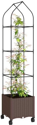 Outsunny Raised Garden Bed with Trellis, Tomato Cage with Lockable Wheels, Self Watering Planter Box with Drainage Holes and Plugs for Outdoor Patio Climbing Plants, Vines, Vegetables, Flowers, Brown