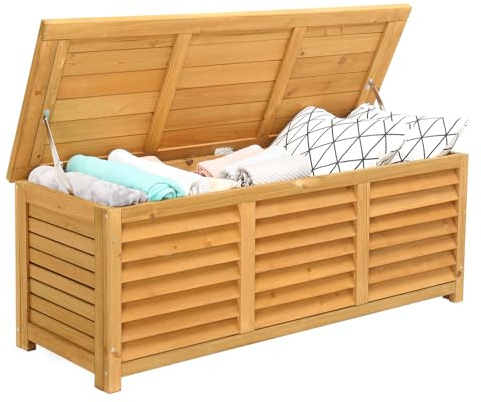 LEADZM Coffre de jardin en bois, 165 litres, avec couvercle, charge maximale 150 kg, idéal pour ranger coussins, convient aux jardins, balcons, vérandas ou bancs de rangement, 121 x 45 cm