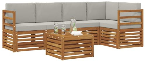 vidaXL Sofagarnituren 6 pcs Natürlich und Hellgrau Massivholz Akazie, Moderner Outdoor-Sofa, strapazierfähiges Möbel für Garten, Bequeme Lounge-Sitzgruppe für die Terrasse