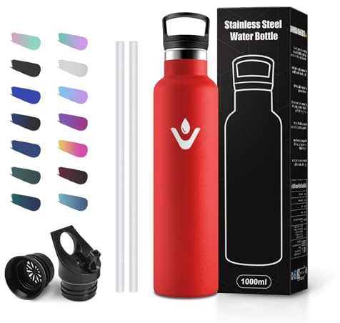 Botella Térmica 1L, Botella de Acero Inoxidable con Pajita, Aislamiento de Doble Pared, sin BPA, Reutilizable, para Oficina, Bicicleta, Escuela y Adultos