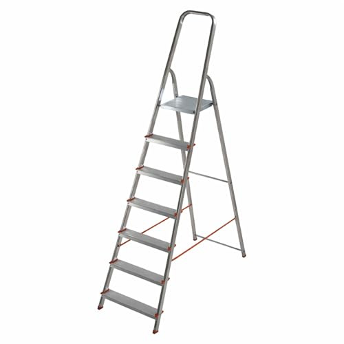 Scala Alluminio 7 Gradini - PIATTAFORMA ANTISCIVOLO - Conforme EN131 - Portata 150kg - Scala Pieghevole con Pedana in Acciaio e Blocco Sicurezza Antiapertura - Per Lavori Domestici e Fai da Te