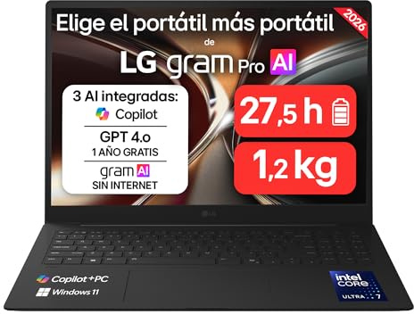 LG gram Pro 16Z90U-G.AU85BN - Ordenador Portátil Ultraligero de 16 Intel Core Ultra 7 355, 32 GB RAM, 512 GB SSD, IPS Antirreflejo, 1239g, 27.5h, Windows 11, Teclado QWERTY Español, Negro