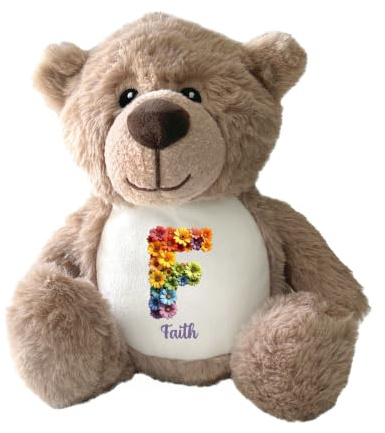 Personalised Flower Alphabet Teddy Bear Brown New Baby Gift