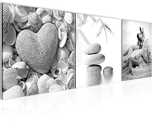 Runa Art Bilder Strand Steine 3 Teilig Bild auf Vlies Leinwand Deko Schlafzimmer Wohnzimmer 90 x 30 cm Herz Schwarz Weiss 501634c
