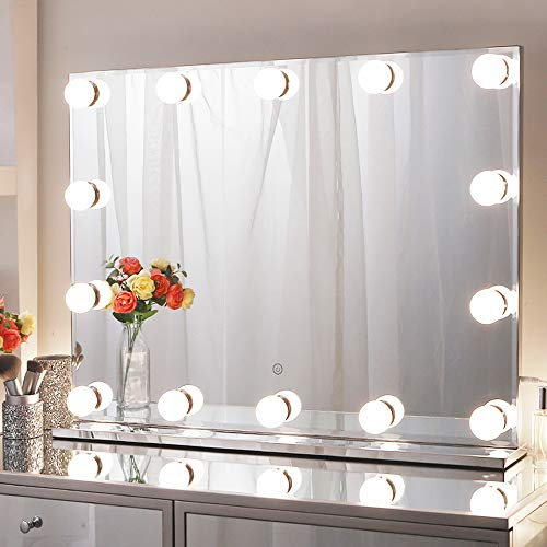 Chende Schminkspiegel Kosmetikspiegel 80X60cm mit LED-Leuchten, 3 einstellbare Leuchten mit Speicher,Rahmenloser Beleuchteter Spiegel Schminktisch