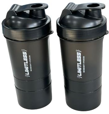 2 PACK PROTEIN BOTTLE SHAKERS WITH TIGHT LIDS FOR SPORTS AND FITNESS with compartments (2 PACK, BLACK)