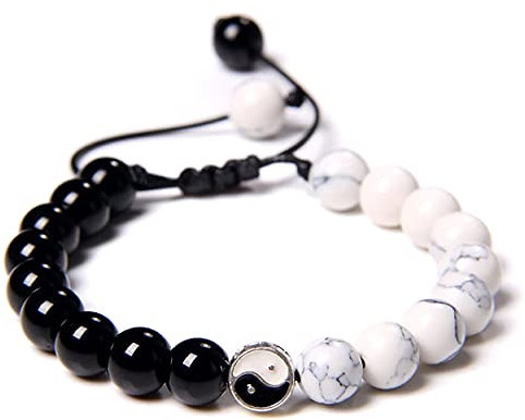Leuchtbox Yin und Yang Glücks-Armband Yoga Chakra Kettchen Unisex Natursteine Heilsteine Howlith Schwarzer Onyx Verstellbares Band (Weiß-Schwarz)