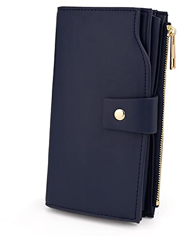 UTO Portefeuille Femme Grand Porte-Cartes Blocage RFID en PU Cuir avec Dragonne Grande Capacité 21 emplacements de Cartes Bleu foncé