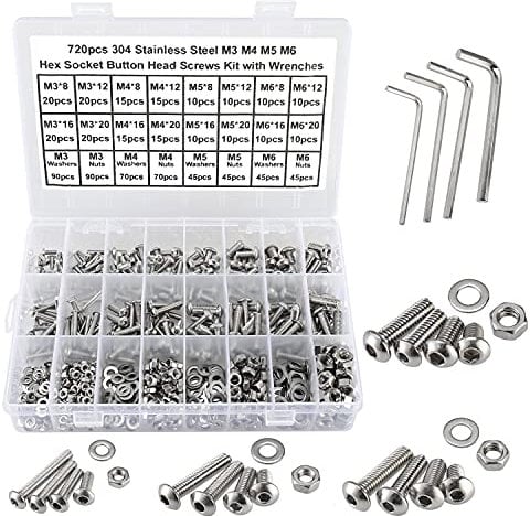FandWay 720Pcs Bolts and Nuts Set,M3 M4 M5 M6 Button Head Machine Screws,ISO 7380 Allen Screws,304 Stainless Steel Hex Bolts and Washers Set Fully Threaded With 4 Allen Key.