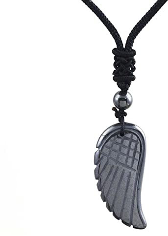 Piedra Natural Talla Ángel ala Colgante Curación Cristal Cuarzo Lapis Lazuli Reiki Chakra Cadena de Cuerda Puntiaguda Colgante Colgante, YLLLLY-6686 (Metal Color : Hematite)