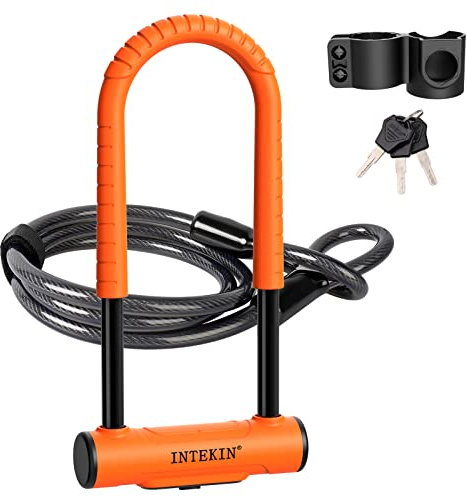 INTEKIN Bike U Lock Heavy Duty Fahrradschloss Fahrradschloss, 16 mm U-Schloss und 1,5 m langes Sicherheitskabel mit stabiler Halterung für Fahrrad, Motorrad und mehr, Orange, groß