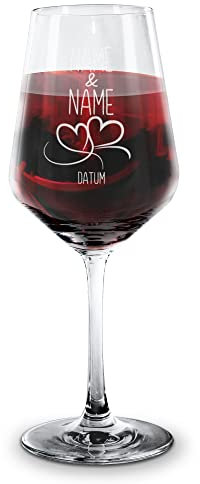 PR Print Royal Wein-Glas mit Gravur - Herzen - mit Namen & Datum selbst gestalten - Rotwein-Glas graviert für Paare, Geschenk Valentinstag, Hochzeit, Weihnachten