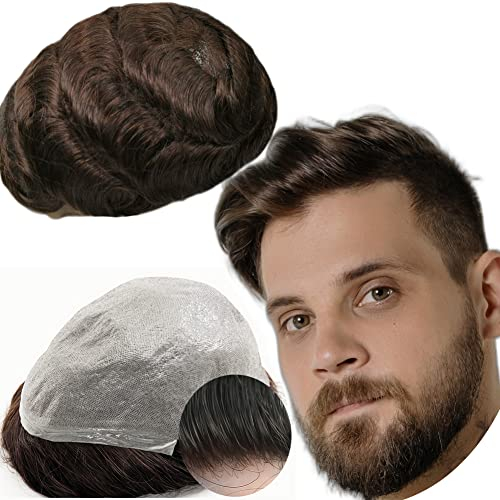 Echthaar Toupet für Männer, Yanahair Gewelltes Haar 0,04-0.06mm V-Loop PU Super Dünn Haut Haarsystem Yanaair Europäische Echthaarteile Toupet Echthaar Perücke Mann(10x8,#2 Tiefbraun)