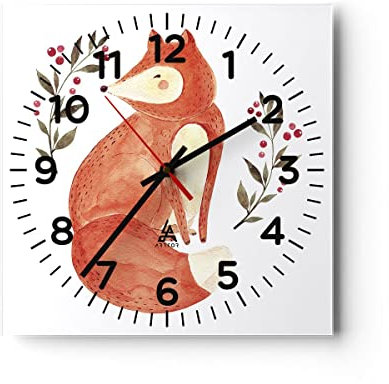 Modern Wanduhr Nov Illustration Fuchs 40x40cm Quadrat Groß Wand Uhr Glas Analog Zimmeruhren Küche Büro Wohnzimmer Glasuhr Wall Clock Dekoration Design Wanddekoration Küchenuhr C4AC40x40-4862