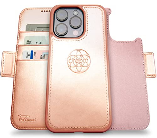 Dreem Fibonacci kompatibel mit iPhone 14 Pro Brieftaschen-Etui / 2-in-1 stoßfestes Etui und abnehmbares Folio aus veganem Leder, MagSafe-kompatibel, RFID-Schutz [Rosa]