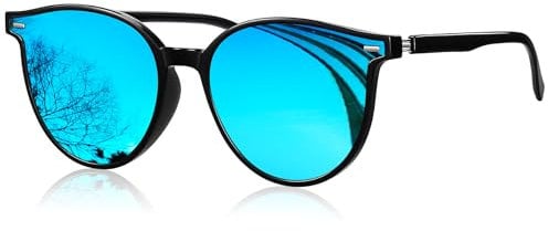 KANASTAL Blue Round Sunglasses Womens Mirrored Ladies Retro Classic Outdoor Travel Vacation Fashion UV Protection - Black Frame Blue Lens