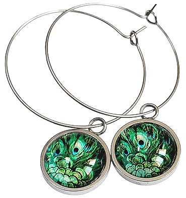 Boucles d'oreilles créoles plume de paon vert