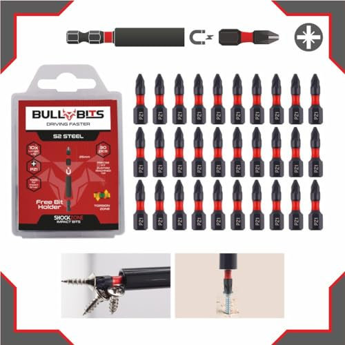 30x Bull Bits 25mm PZ1 Impact Screwdriver Drill Driver Bits Set Pozi Pozidriv + Magnetic Bit Holder Compatible with DeWalt Milwaukee Bosch Makita and More