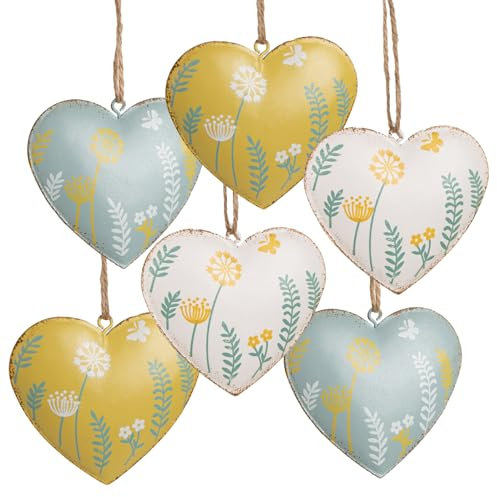 Logbuch-Verlag 6 Herzen mit Schnur Ostern zum Aufhängen blau weiß gelb Anhänger Osteranhänger Frühling Muttertag Deko 7 cm