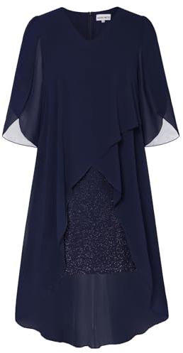 Hanna Nikole Femmes Robe de Soirée Grande Taille Effet Deux Pièces Manches 3/4 Pétales Ourlet Irrégulier Bleu Marine 48