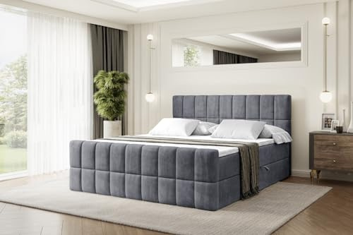 ALTDECOR Boxspringbett mit Matratze und Lattenrost, Boxbett, Topper, Fußteil, Polsterbett mit Bettkasten, Bett mit Stauraum H3-Matratze, Springboxbett - Miami-Z - 180x200 - Dunkelgrau Samt
