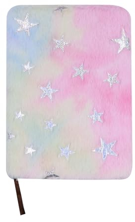 Caviotess Glitter Star Plush Diary for Girls Kids Cute Fuzzy Rainbow Notebook Journal Writing Planner Notepad (160 Pages)